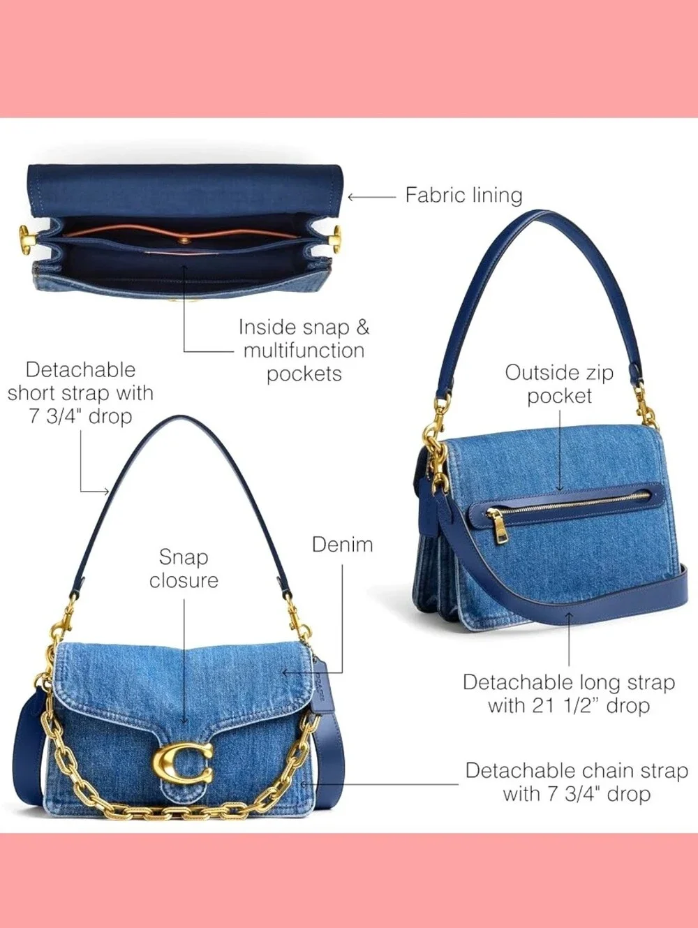 COACH Chain Tabby Denim Shoulder Bag Deep Blue Jean Wash NEW